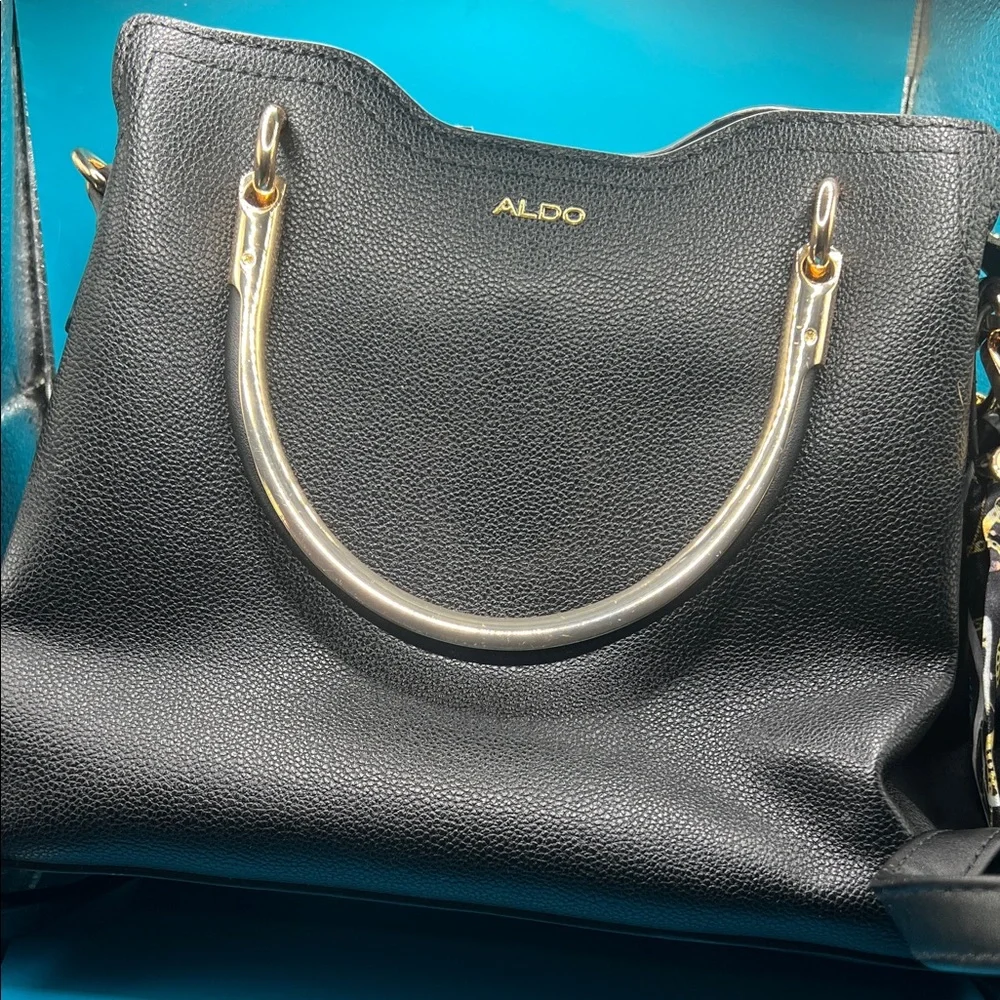 ALDO  Arrayann Black Satchel with Gold Circular Handles - Picture 3 of 6